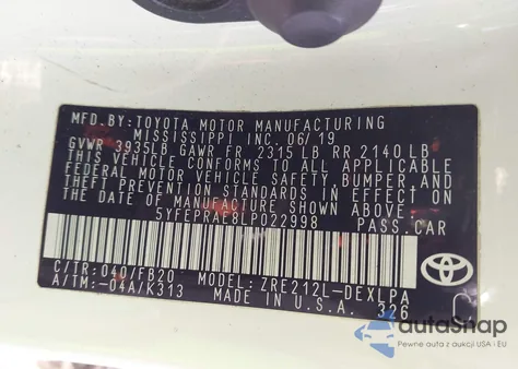 2020 Toyota Corolla Le z USA, uszkodzony, nr VIN 5YFEPRAE8LP022998